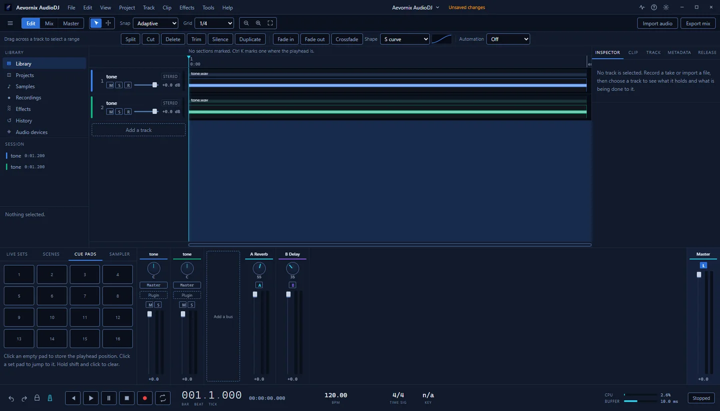 Aevornix AudioDJ arrangement view with two audio tracks on the timeline, a clip launcher grid, mixer channel strips and transport controls.