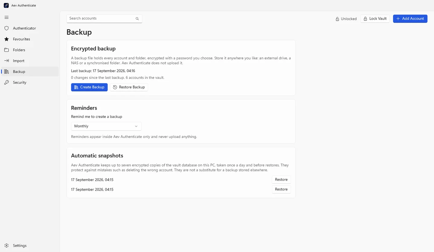 Aev Authenticate Backup page with encrypted backup controls, backup reminders and a list of automatic snapshots.