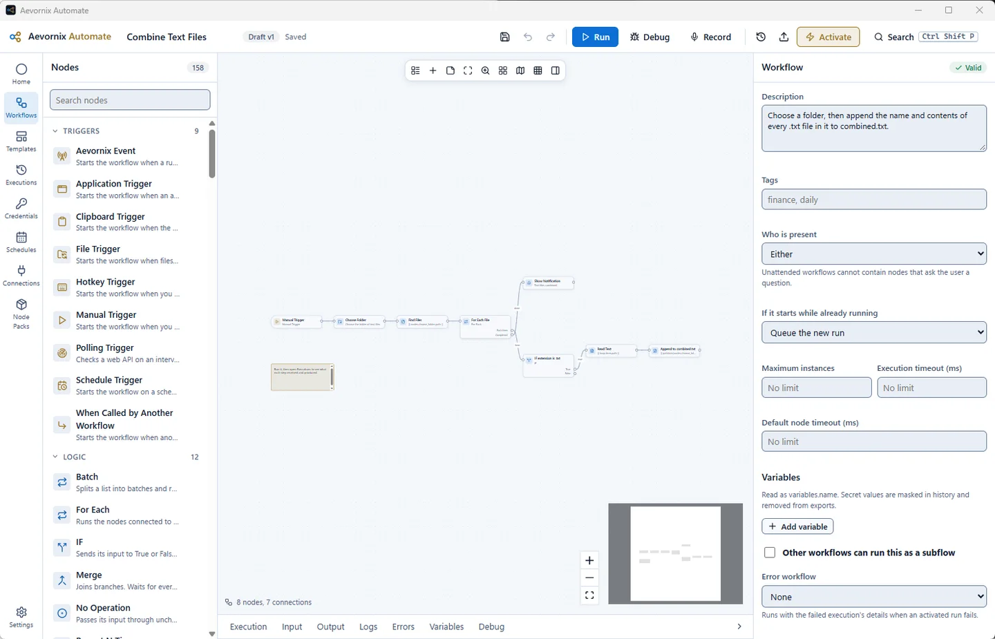 Aevornix Automate workflow editor with the node library on the left, a connected workflow on the canvas and workflow settings on the right.