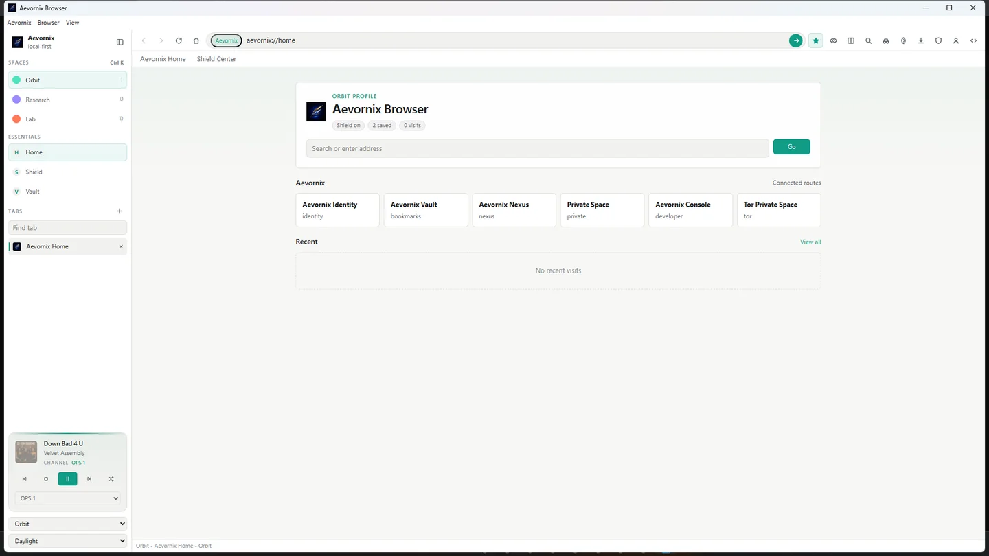 Aevornix Browser home page with spaces and tabs in the sidebar, an address field and shortcuts to Aevornix routes.