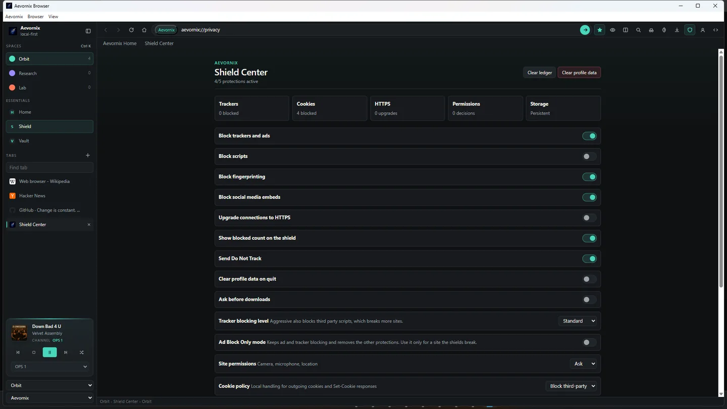 Aevornix Browser Shield Center listing tracker, fingerprinting, HTTPS and cookie protection settings with toggles.