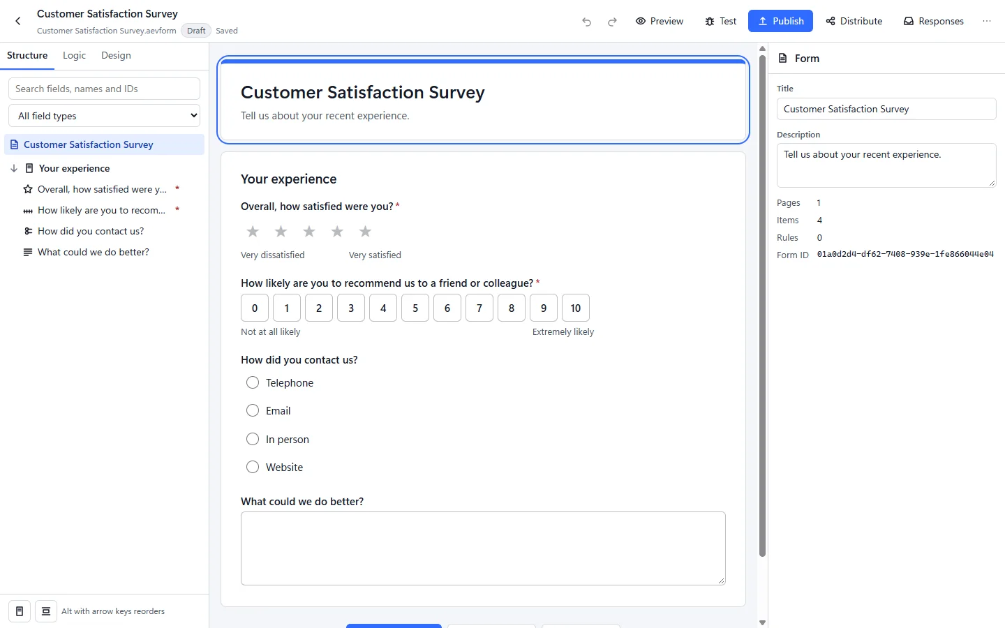 Aevornix Forms designer editing a Customer Satisfaction Survey with rating, scale, choice and text questions, the form structure on the left and form properties on the right.
