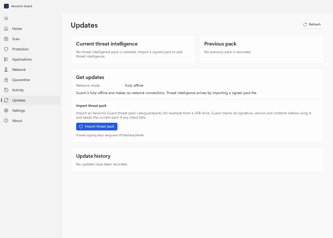 Aevornix Guard Updates page in fully offline network mode, with an Import threat pack button for signed threat intelligence packs.