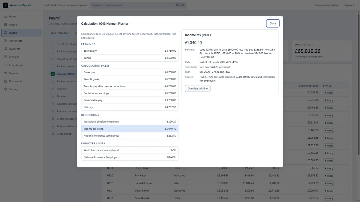 Aevornix Payroll calculation for one employee, with the income tax line showing its formula, rate, threshold, rule and source.