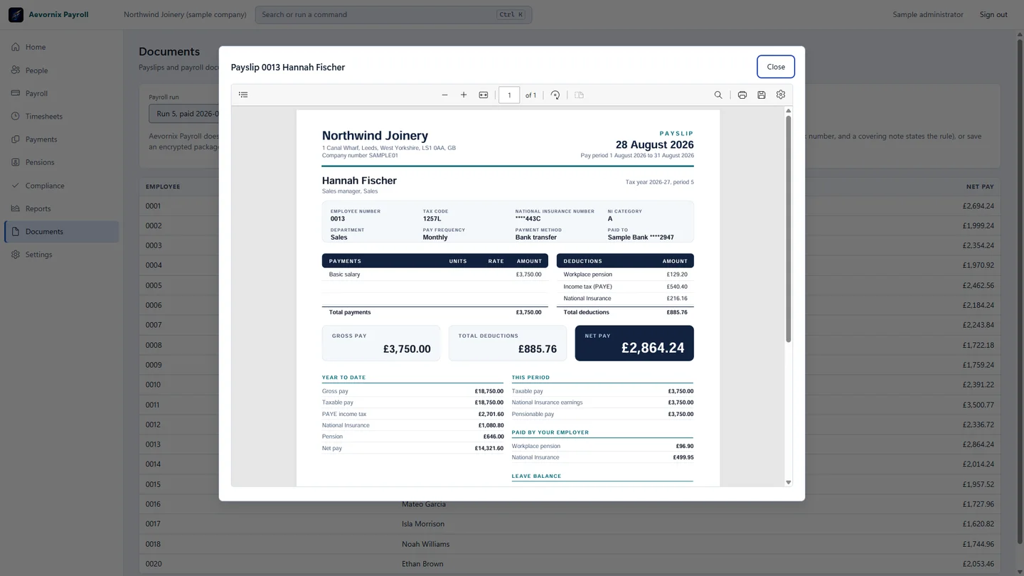 Aevornix Payroll payslip preview for a sample employee, with payments, deductions, net pay and year to date figures.