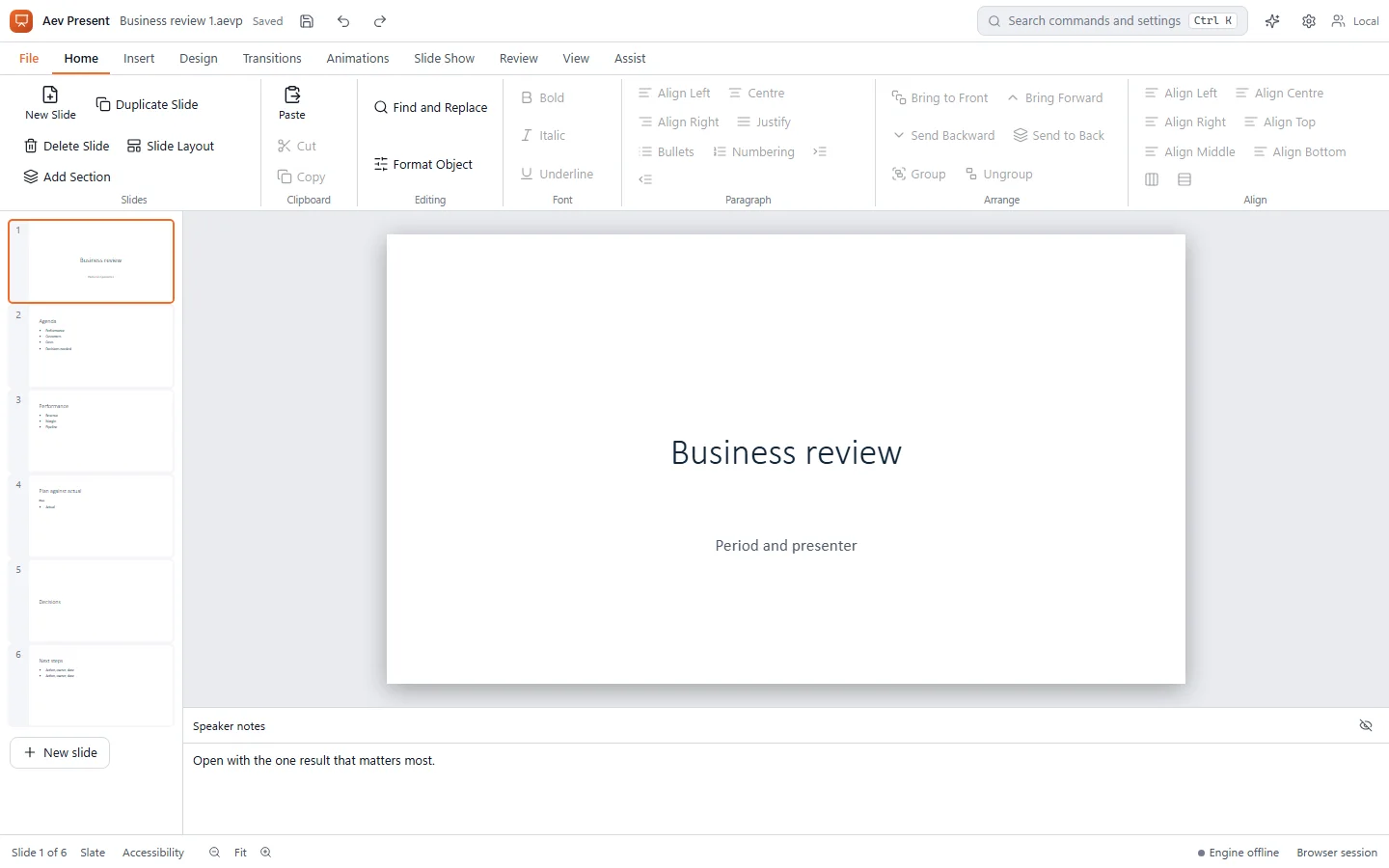 Aev Present editing a Business review deck, with the slide thumbnail rail on the left and the title slide open above a speaker notes pane.