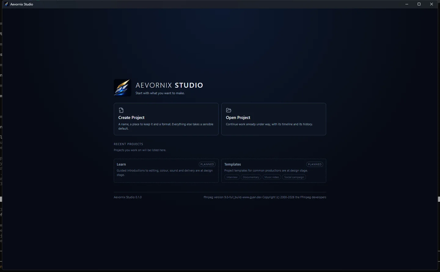 Aevornix Studio start screen with options to create a project or open a project, and links to learning material and templates.