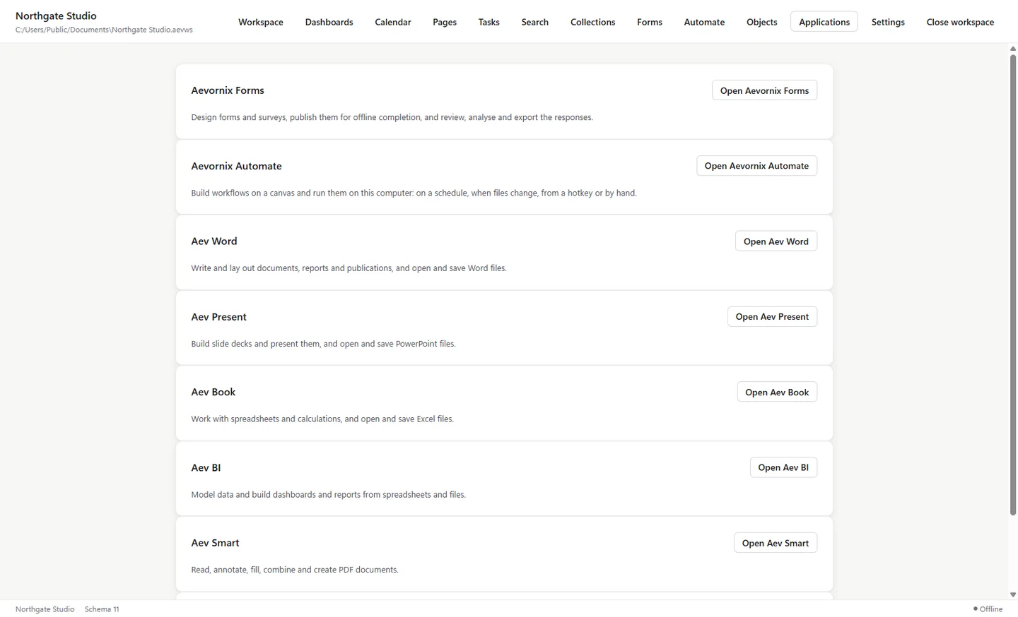 Aevornix Workspace Applications page listing Aevornix Forms, Aevornix Automate and the Aev office applications, each with an open button.